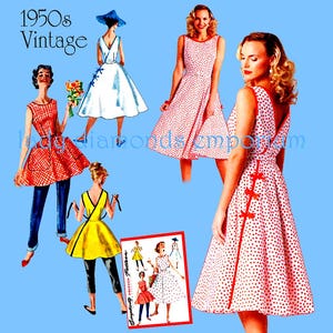 May include: A vintage sewing pattern for four different 1950s dresses. The pattern includes a red and white gingham dress, a yellow dress, a white dress with red polka dots, and a white dress with red polka dots and a red trim.