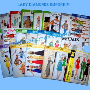 May include: A selection of vintage sewing patterns, including Simplicity and McCall's. The patterns showcase illustrations of various clothing items. The text "LADY DIAMONDS EMPORIUM" is visible at the top of the image.