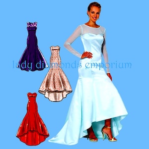 May include: A woman in a pale blue satin gown with a high-low hemline and long sheer sleeves. The image also shows three dress designs: a purple mermaid gown, a strapless peach dress, and a red dress with a high-low hemline. The text "lady diamonds emporium" is visible.