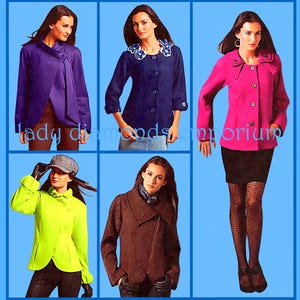 May include: A collage of five jackets in various colors. The jackets include a purple wrap jacket, a navy blue jacket with floral collar, a pink jacket, a neon green jacket, and a brown jacket. The text "lady diamonds emporium" is visible.
