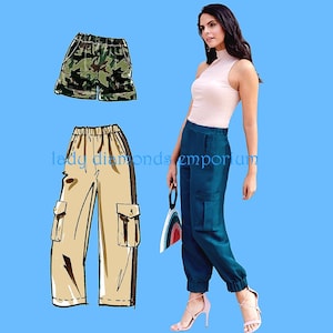 May include: An image showing three pairs of cargo trousers. One pair is camouflage, another is beige, and the third is teal. A woman is wearing the teal cargo trousers and a pale pink top. The text "lady diamonds emporium" is visible.