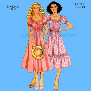 May include: Vintage 70's illustration of two women in pink dresses. One dress is solid pink, the other has a floral pattern. One woman holds a straw hat. The text "LAURA ASHLEY" is visible.