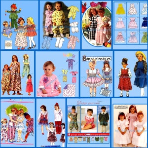 Könnte beinhalten: Eine Collage aus Schnittmustern für Kinderkleidung. Die Muster zeigen eine Vielzahl von Stilen, darunter Kleider, Hemden, Hosen und Pyjamas. Die Muster sind für verschiedene Altersgruppen und Größen konzipiert. Die Muster sind alle in einem hellen und farbenfrohen Stil gehalten.
