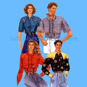 1990&#39;s Classic Western Shirt Short or Long Sleeve Yokes Men & Women sizes L-XL Vintage Sewing Pattern Chest/Bust 42-48 Simplicity 8190 Uncut