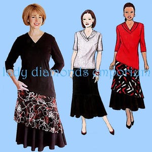 May include: Three women's tops with different necklines and sleeve lengths. The tops are black, white with a grey pattern, and red. The women are wearing black skirts with different patterns.