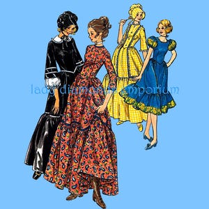 Może przedstawiać: Cztery vintage ilustracje wzorów krawieckich kobiet w różnych stylach sukienek. Sukienki są w różnych kolorach i wzorach, w tym czarny, czerwony, żółty i niebieski.