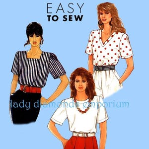 May include: An illustration of three women wearing different tops. The top left features a black and white striped top with a red belt. The top right has a white top with red polka dots. The bottom has a white top and red skirt. The text "EASY TO SEW" is at the top.