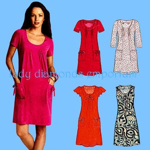 May include: A woman wearing a short-sleeved, pink dress with pockets and a scoop neckline. The image also shows four dress patterns in red, white with black dots, orange, and black and white floral designs. The text "lady diamonds emporium" is visible.