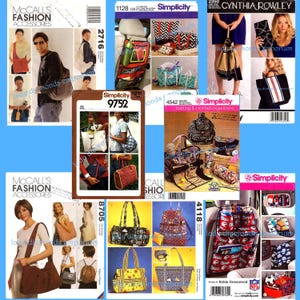 May include: A collection of sewing pattern envelopes for various bags, including tote bags, backpacks, shoulder bags, and car seat organizers. The patterns feature diverse designs, colors, and styles, with printed text identifying brands like McCall's and Simplicity.