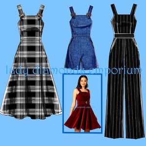 May include: An image featuring three different outfits: a black and white plaid dress, a denim romper, and a black and white striped jumpsuit. A woman in a red dress is in a blue box. All outfits have suspender straps and buckle details.