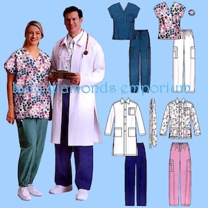 Peut inclure: Image de tenues médicales et de blouses de laboratoire. Une femme porte un haut de blouse à imprimé floral et un pantalon vert. Un homme porte une blouse blanche sur un uniforme bleu. D'autres ensembles de blouses bleues, blanches et roses sont également présentés.