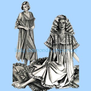 May include: Two women's nightgowns with lace trim. The nightgown on the left has a matching robe. The nightgown on the right has a ruffled neckline and sleeves.