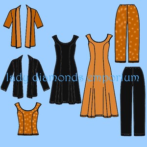 May include: An illustration of various women's clothing items. The image includes a black dress, an orange dress, a patterned top, two pairs of pants, and two jackets. The text "lady diamonds emporium" is visible.
