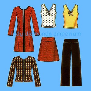 Puede incluir: Ilustración de un patrón de ropa vintage con un abrigo largo rojo, una blusa blanca con lunares, una blusa amarilla, una falda roja, un pantalón negro y una chaqueta a cuadros. El texto "lady diamonds emporium" es visible.