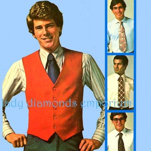 1970’s Tie & Lined Vest with V-neck + Shaped Hem Mens or Boys Chest size 34 Vintage JIFFY Sewing Pattern Simplicity 7701