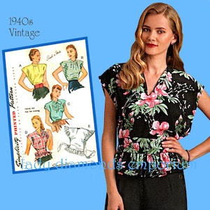 May include: A sewing pattern envelope labeled 1940s Vintage Simplicity Printed Pattern featuring five blouse variations. Next to it, a black blouse with a pink and green floral print, featuring short sleeves, a V-neckline, and a peplum waist.