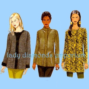 May include: Three women's jackets in different patterns and colours. The jacket on the left is a striped black and white jacket. The jacket in the middle is a solid brown jacket. The jacket on the right is a floral patterned yellow jacket.