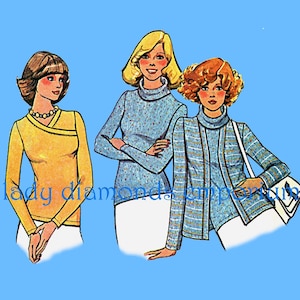 以下が含まれることがあります： 3人の女性が様々なトップスを着ているイラスト。1人は黄色のラップトップス、もう1人は青い斑点のあるタートルネック、もう1人は青いストライプのタートルネックを着ています。「lady diamond emporium」の文字が見えます。