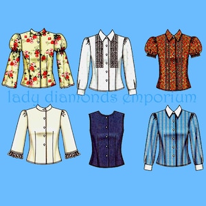 May include: Six illustrations of button-down shirts and blouses with various sleeve lengths, collar styles, and patterns including floral, striped, and solid colors. The text lady diamonds emporium is centered below the top row of garments.