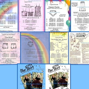 Könnte beinhalten: Eine Sammlung von Schnittmustern für Dessous und Nachtwäsche. Die Schnittmuster umfassen verschiedene Stile, darunter Camisoles, Nachthemden, Höschen, Schlupfkleider und Oberteile. Die Schnittmuster wurden von Jan Bones entworfen und sind bei Lady Diamonds Emporium erhältlich.