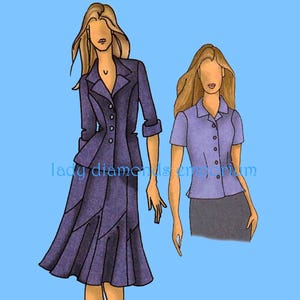 May include: Illustration of two women wearing different outfits. The woman on the left is wearing a purple jacket and skirt with a button-up closure. The woman on the right is wearing a light purple short-sleeved blouse with a button-up closure and a black skirt.
