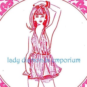 May include: A red and white illustration of a woman in a halter dress. The dress has a V-neck and a ruffled skirt. The text "lady diamond emporium" is written in light blue below the illustration.