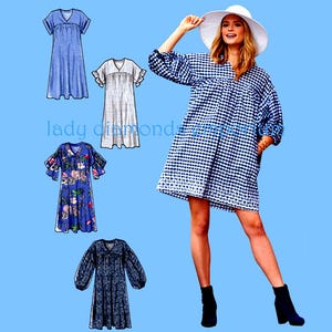 May include: A woman wearing a blue and white gingham print dress with a white hat and black boots. The image also shows four dress patterns in blue, white, and floral prints. The text "lady diamonds" is visible.