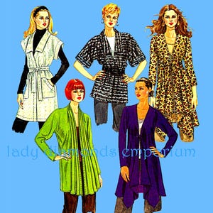 May include: Illustration of five women modeling different styles of jackets and coats. The jackets include a white sleeveless coat with a belt, a black and white patterned jacket, a green cardigan, a leopard print coat, and a purple jacket. The background is light blue.