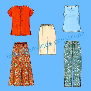 May include: A sewing pattern illustration featuring an orange short-sleeved button-down top, a light blue sleeveless top, beige cropped pants, a long orange skirt with a geometric pattern, and green patterned trousers with an elastic waistband.