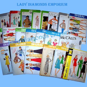 May include: A collection of vintage sewing patterns from brands like Simplicity and McCall's. The patterns feature illustrations of various clothing designs, including dresses, skirts, and tops. The patterns are in various sizes and styles, with text that reads "LADY DIAMONDS EMPORIUM".