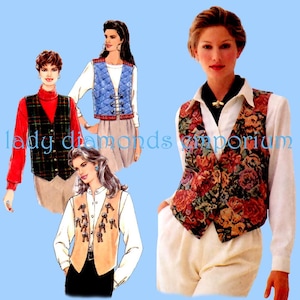 May include: Four different vest patterns for sewing. The vests are in a variety of colors and patterns, including plaid, quilted, floral, and a brown vest with a decorative design. The vests are all sleeveless and have a V-neck.
