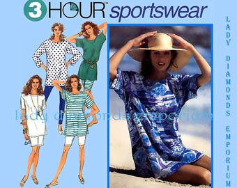 1990's Easy 3 Hour Top Leggings Shorts Slim Skirt Tunic Short or Long Sleeve Womens sz 6 8 10 12 14 16 Sewing Pattern Simplicity 8491 Uncut