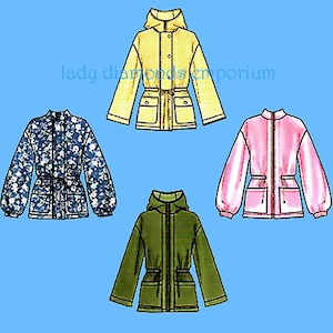 May include: Four colorful jacket patterns are displayed against a blue background. The jackets include a yellow hooded jacket, a blue floral print jacket, a pink jacket, and a green jacket. Each jacket has a drawstring waist and pockets.