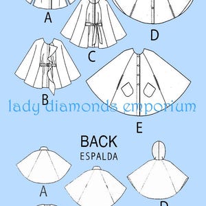 May include: A diagram illustrating various cape patterns, labelled A to E, with front and back views. The designs include capes with hoods, ties, buttons, and pockets. The words "FRONT" and "BACK" are displayed, along with "lady diamonds emporium".
