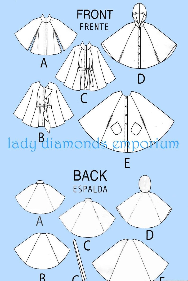 May include: A diagram illustrating various cape patterns, labelled A to E, with front and back views. The designs include capes with hoods, ties, buttons, and pockets. The words "FRONT" and "BACK" are displayed, along with "lady diamonds emporium".