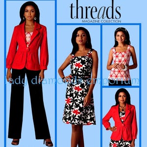 May include: Three women modelling different outfits. The woman on the left is wearing a red blazer, black trousers, and a white top with red polka dots. The woman in the middle is wearing a sleeveless black and white dress with red flowers. The woman on the right is wearing a red and white polka dot top with a white vest underneath. The text "threads MAGAZINE COLLECTION" is at the top of the image.