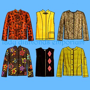 Könnte beinhalten: Eine Sammlung von sechs Kleidungsillustrationen mit verschiedenen Jacken- und Westendesigns. Die obere Reihe zeigt eine rote Blumenjacke, eine gelbe ärmellose Weste mit Knebelverschlüssen und eine strukturierte braune Jacke. Die untere Reihe zeigt eine dunkle Jacke mit bunten Blumenmustern, eine schwarze Weste mit rosa Rautenakzenten und eine gelbe Jacke mit vertikalen Linien.