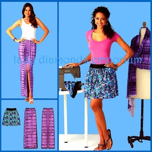May include: The image showcases a variety of skirts and a sewing machine. One woman models a long purple skirt with a slit, while another wears a floral mini skirt. A pink top and a purple scarf are also featured.