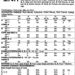 May include: A sewing pattern sheet, M7477, detailing instructions for Misses' capes and a belt. It provides fabric suggestions, size charts, and yardage requirements for sizes XS to XXL, with measurements in inches.