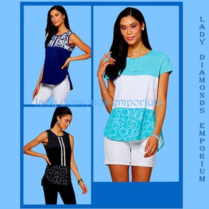 May include: Three women's tops in a collage. One is navy blue with white floral accents, another is white and turquoise with a polka dot and circle design, and the third is black with white polka dots and a circle design. The text "Lady Diamonds Emporium" is visible.