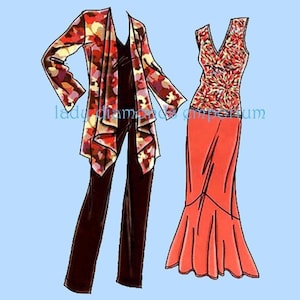 Puede incluir: Dos ilustraciones de moda de atuendos. El primer atuendo es una chaqueta estampada en rojo, marrón y amarillo con una blusa y pantalones negros. El segundo atuendo es una blusa sin mangas estampada en rojo, amarillo y blanco con una falda coral.