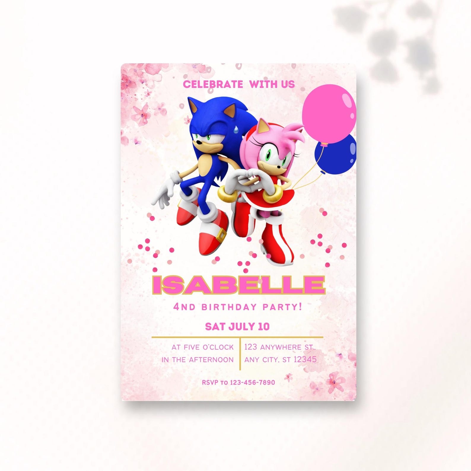 Editable Sonic Birthday Invitation Template, Digital Sonic Invite, Pink ...