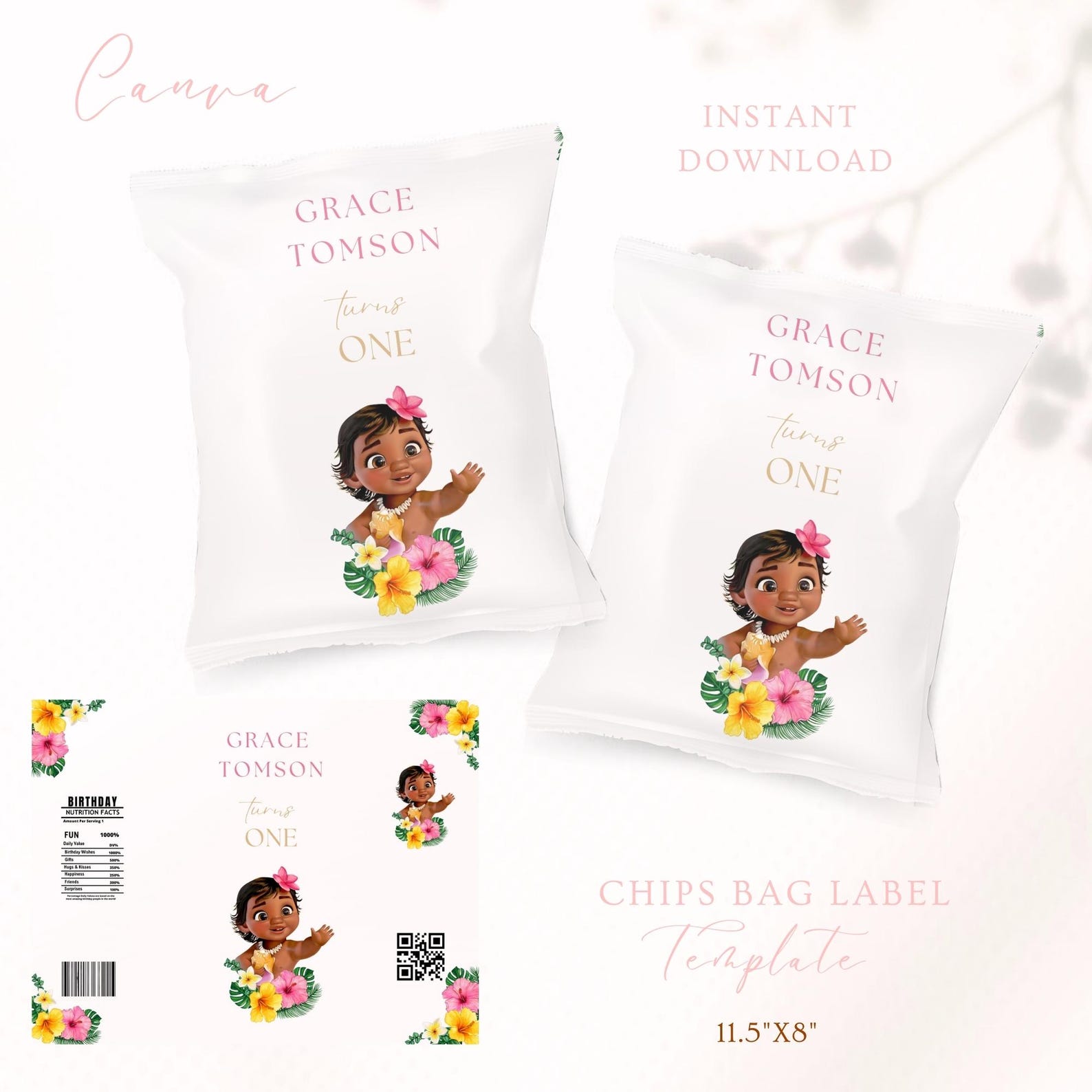 Baby Moana Party Favors Template, Baby Moana Birthday Invitation, Baby ...