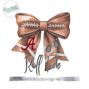 May include: A brown leather football-themed bow with a red "A" and the words "Roll Tide" in black. The bow has a gray paw print design.