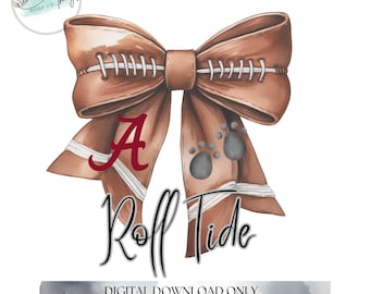 Può includere: Un fiocco di cuoio marrone a tema calcistico con una "A" rossa e le parole "Roll Tide" in nero. Il fiocco ha un design con impronta di zampa grigia.