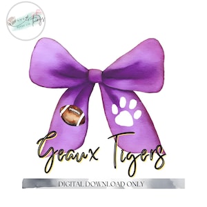 Puede incluir: Un lazo de acuarela morado con una huella de pata blanca y una pelota de fútbol. El texto "Gearx Tigers" está escrito debajo del lazo.
