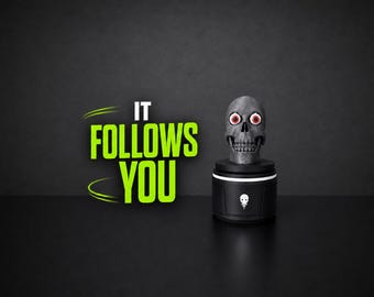 May include: A gray skull with prominent red and white eyes sits atop a black cylindrical base featuring a small white skull icon. To the left, the bright green text IT FOLLOWS YOU is displayed with curved lines above and below the word IT.