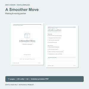 May include: A digital packing and moving planner titled A Smoother Move, featuring a cover page with a box icon and an interior page with a flexible countdown checklist. The document includes 11 pages in US Letter and A4 sizes as a printable PDF.