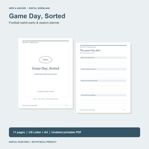 Könnte beinhalten: Ein digitaler Football-Watch-Party- und Saisonplaner mit dem Titel Game Day, Sorted. Das Dokument enthält ein Deckblatt mit einer Football-Grafik und eine Seite für den Spieltagsplan mit linierten Abschnitten für Spieldetails und Prioritäten.