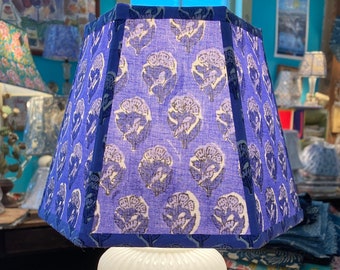 Funky Periwinkle Lampshade, India Block Print Fabric Lamp Shade, Hex Clip, 7" high -2 in-stock - priced per shade